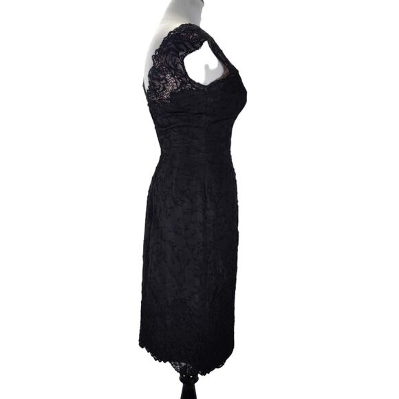 Vintage 50s Boat Neck Cocktail Dress Size 6 Black Embroidered Knee Length - Picture 4 of 16